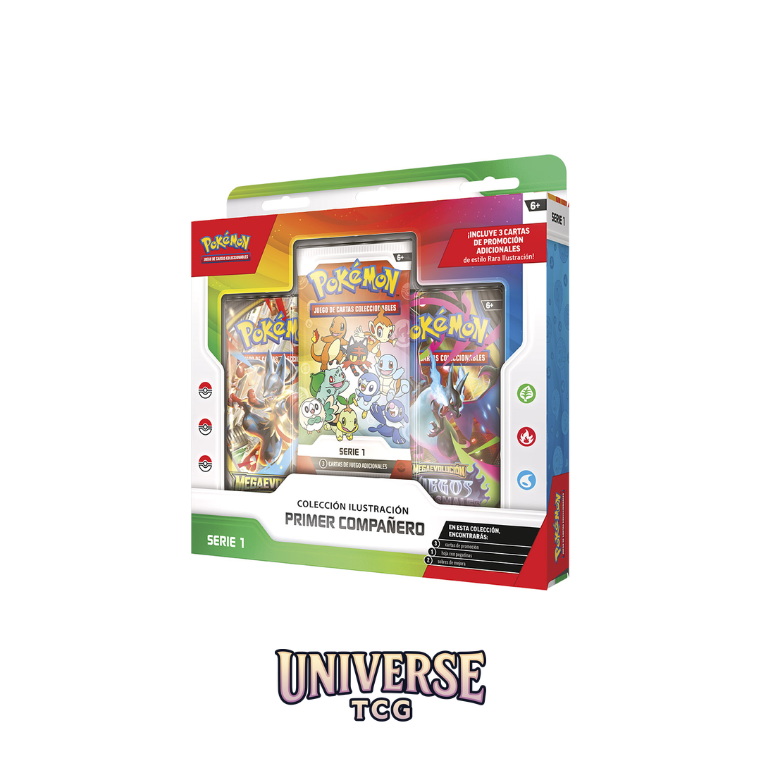 Pokémon trading card game packaging with cards and a display stand on a white background. Colección ilustración Primer Compañero en Universe TCG