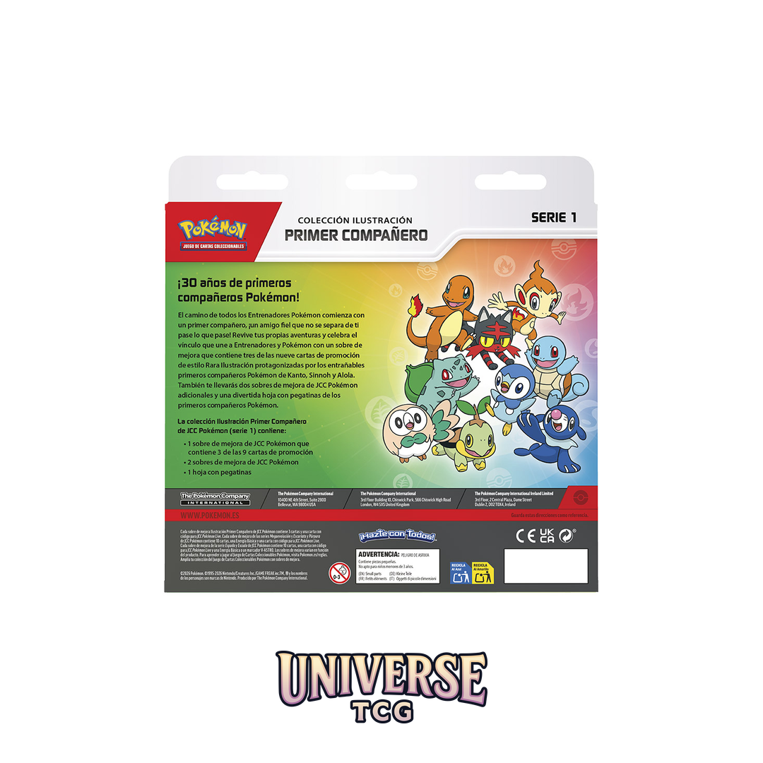 Pokémon trading card game packaging with illustrations of Pokémon characters on a white background Colección ilustración Primer Compañero en Universe TCG