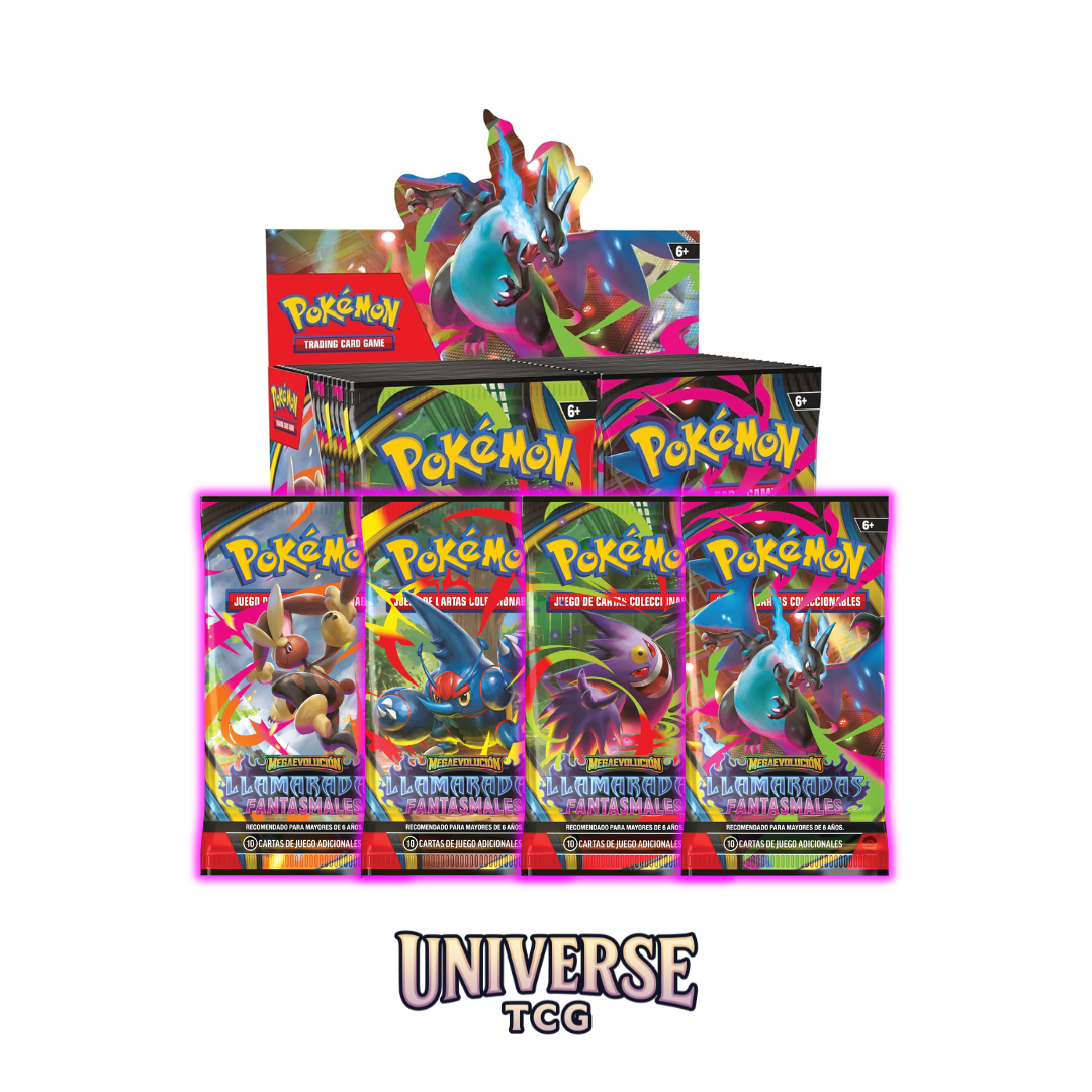 Pokémon trading card game packs with colorful artwork on a white background Llamaradas Fantasmales Pokémon Booster Box