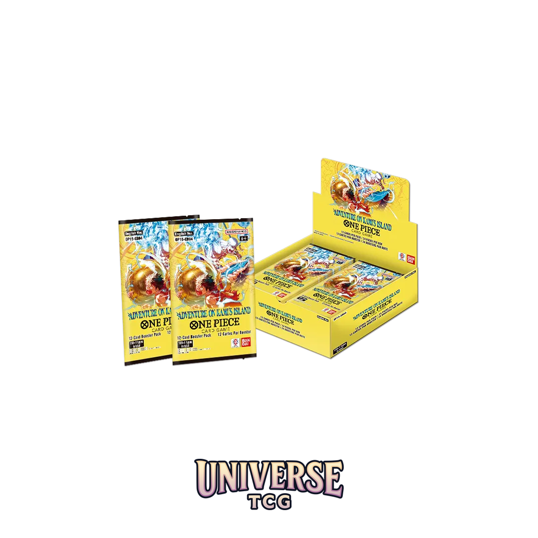 Yellow trading card game packs with 'One Piece' branding on a white background