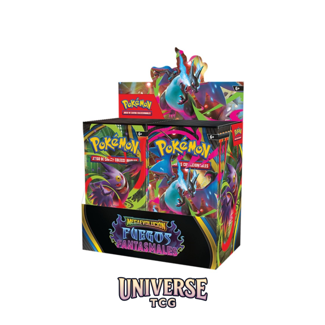 Pokémon trading card game packaging with colorful designs on a white background Fuegos Fantasmales En Español Mega Charizard X