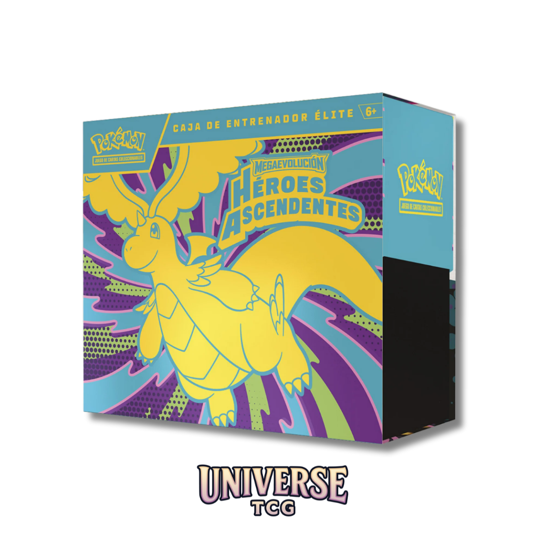 Pokémon trading card game box with a colorful design featuring a dragon-like creature on a white background. Elite Trainer Box Ascended Heroes ES 