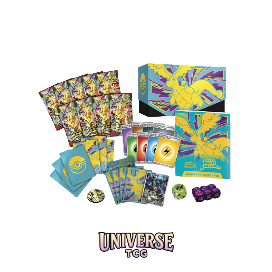 Collection of trading card packs and accessories with 'UNIVERSE TCG' branding on a white background. Elite Trainer Box Ascended Heroes ES 