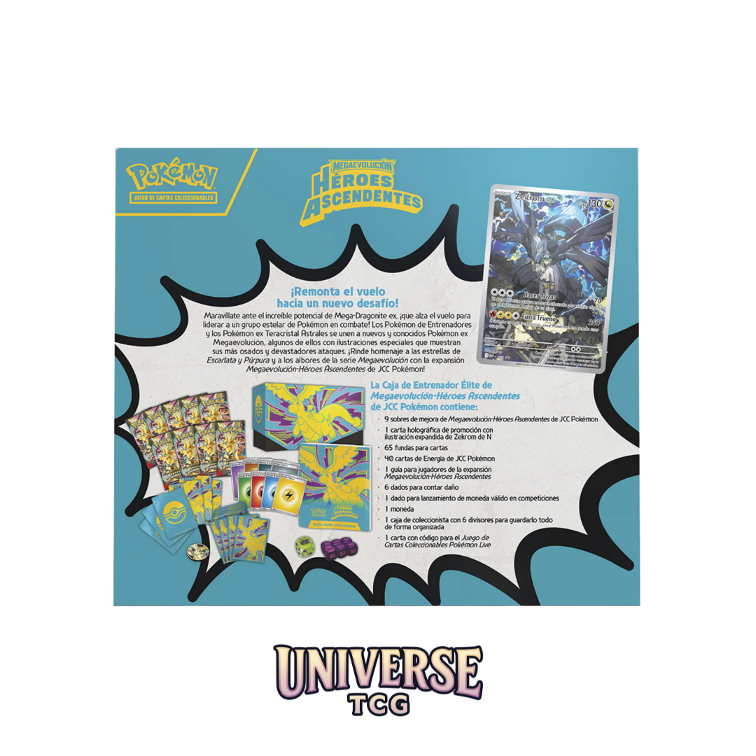 Pokémon trading card game packaging with cards and text on a blue background Elite Trainer Box Ascended Heroes ES 