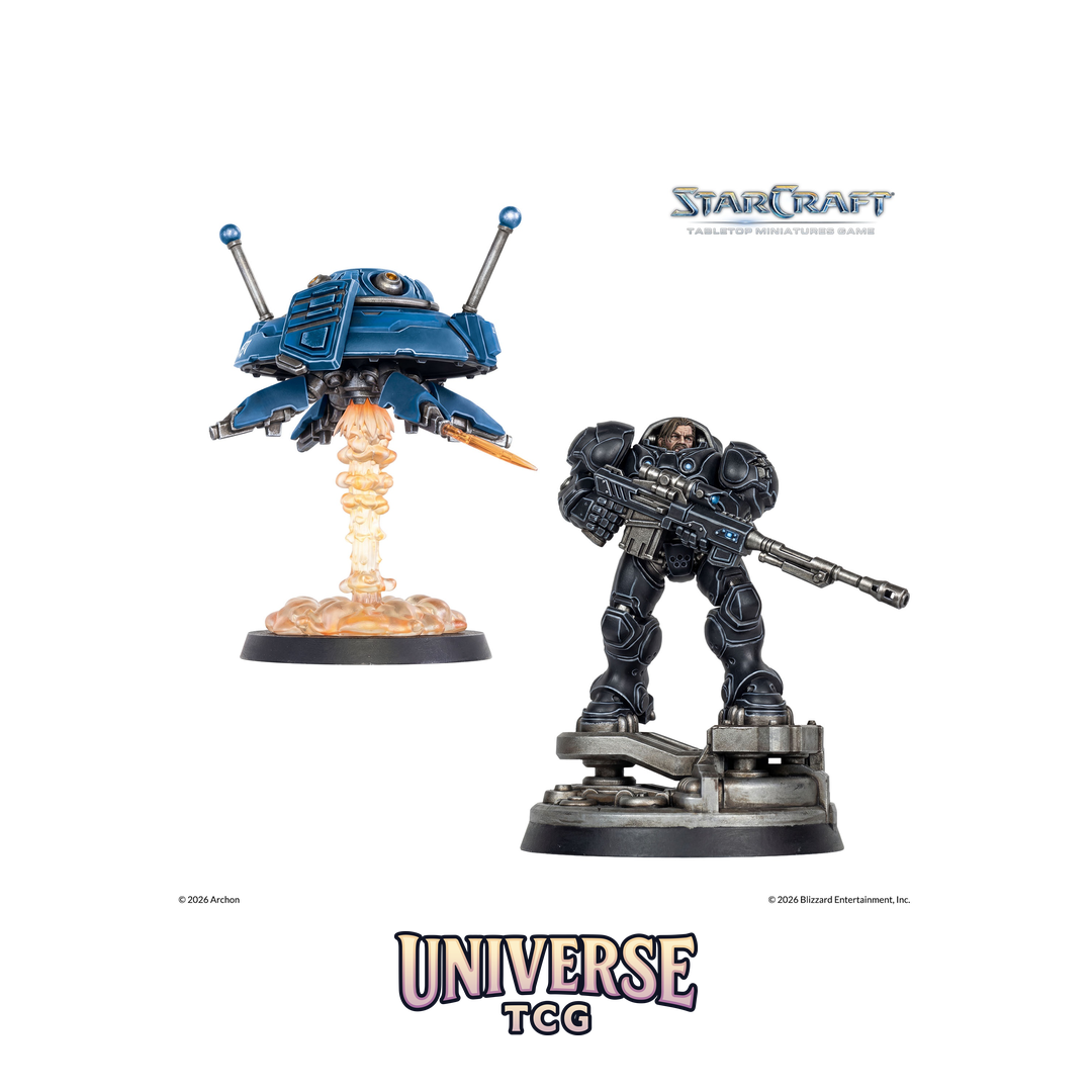 Two StarCraft figurines on a white background with 'StarCraft' and 'Universe TCG' logos.
