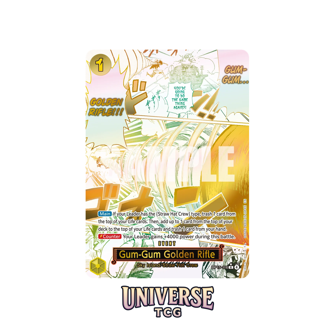Card packaging for 'Gum-Gum Golden Rifle' from Universe TCG on a white background