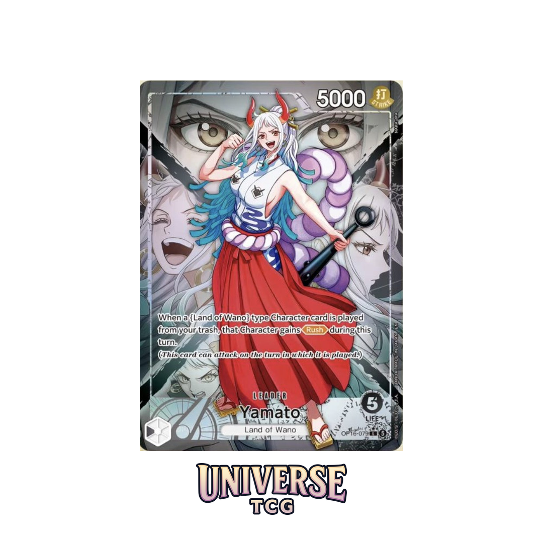 Card featuring an animated character with red and white outfit, blue hair, and holding a weapon on a white background.