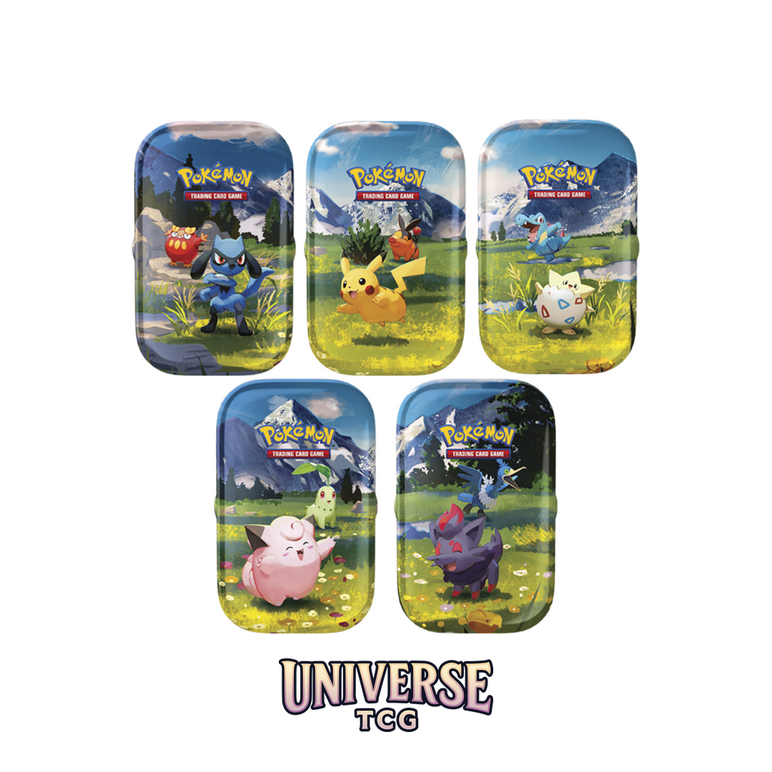 Set of five Pokémon trading card game tins with various characters on a white background. Mini Tin Ascended Heroes Heroes Ascendentes Min Lata set of five set de cinco Pikachu Riolu Togepi Zorua Clefairy Cramorant Totodile