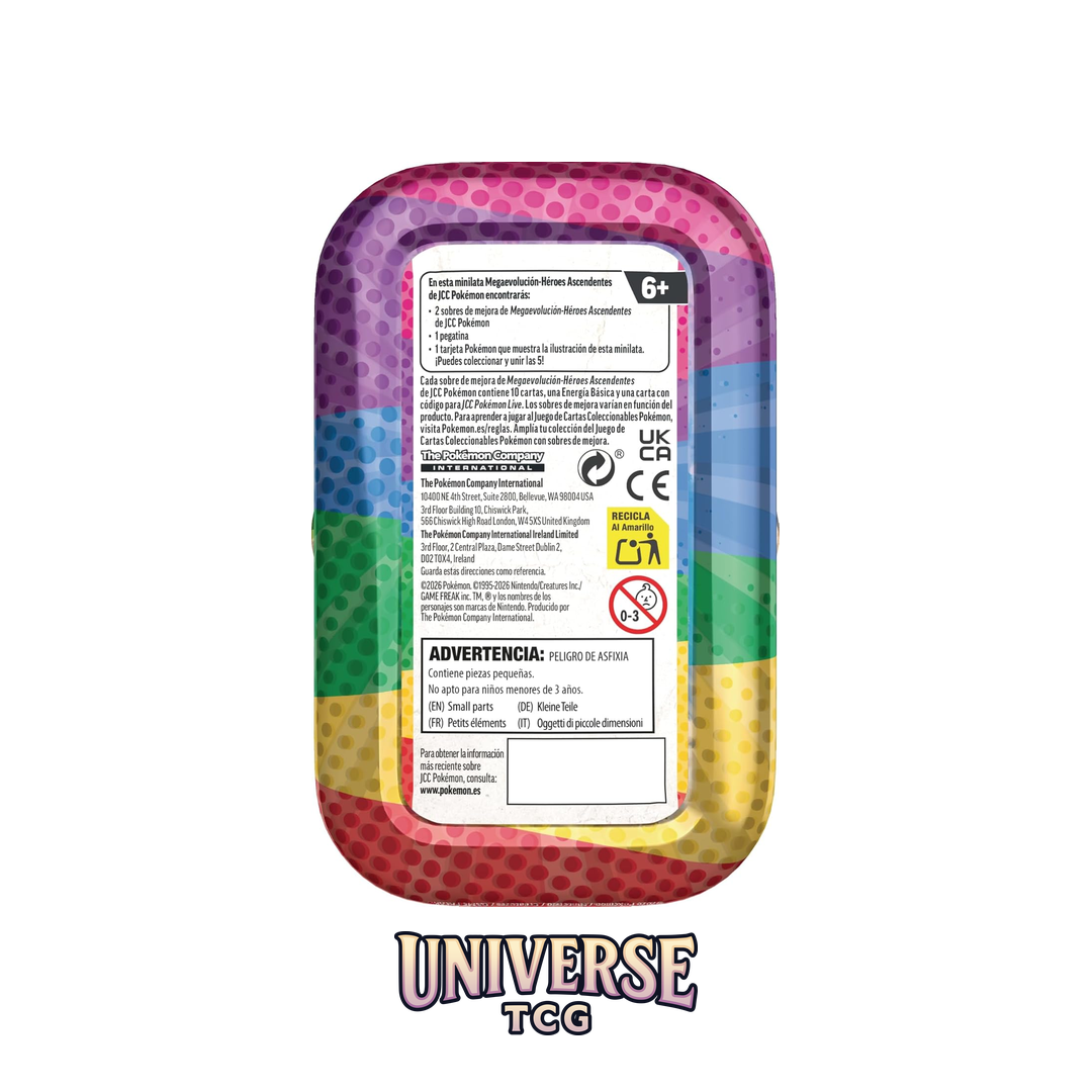 Colorful toy packaging with warning labels on a white background, featuring the brand 'UNIVERSE TCG'. Mini Tin Ascended Heroes Heroes Ascendentes Min Lata  Back Parte de Atrás información