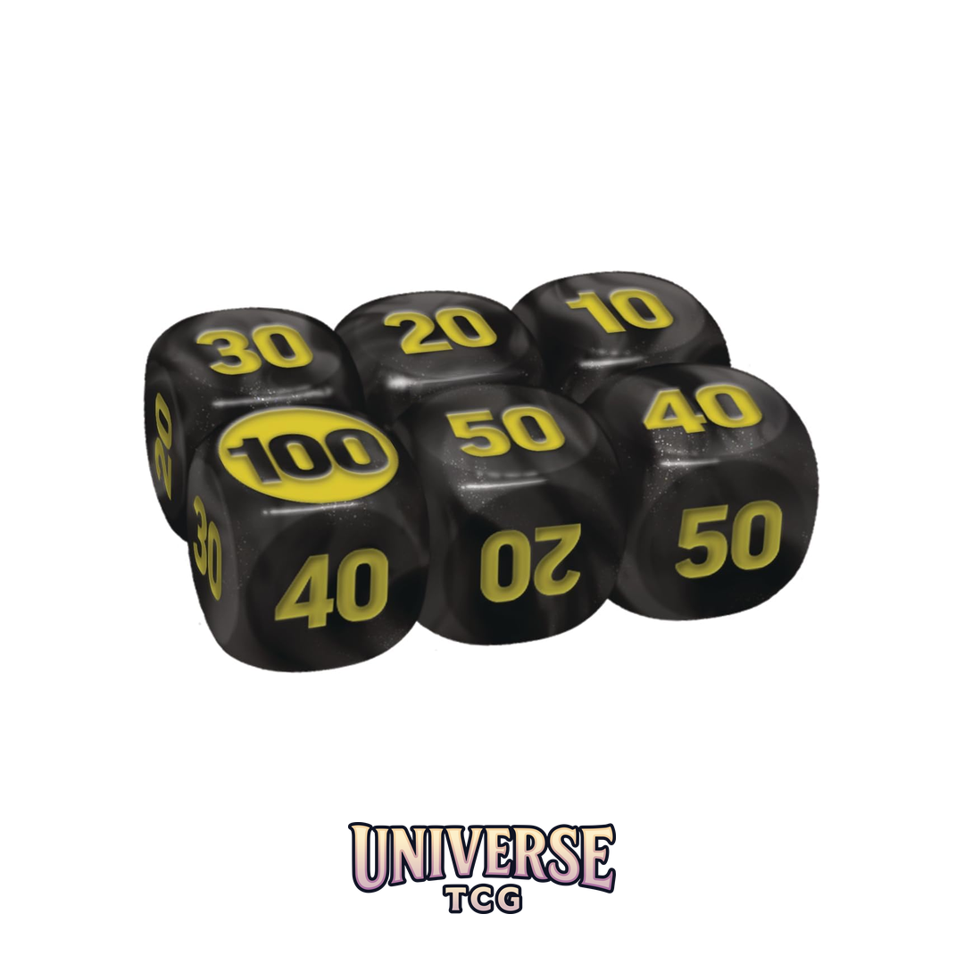 Black dice with yellow numbers on a white background, featuring the 'UNIVERSE TCG' logo.