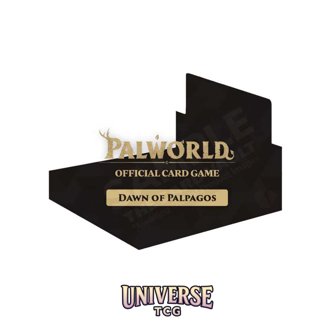 Black card game box with 'Palworld' and 'Universe TCG' branding on a white background palworld new game dawn of palpagos boosterbox