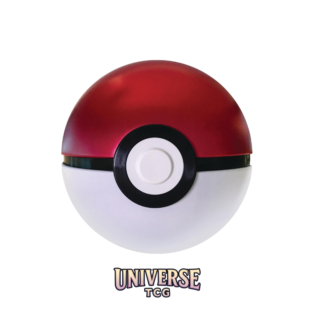 Red and white Poké Ball with black band on a white background, featuring 'UNIVERSE TCG' logo.