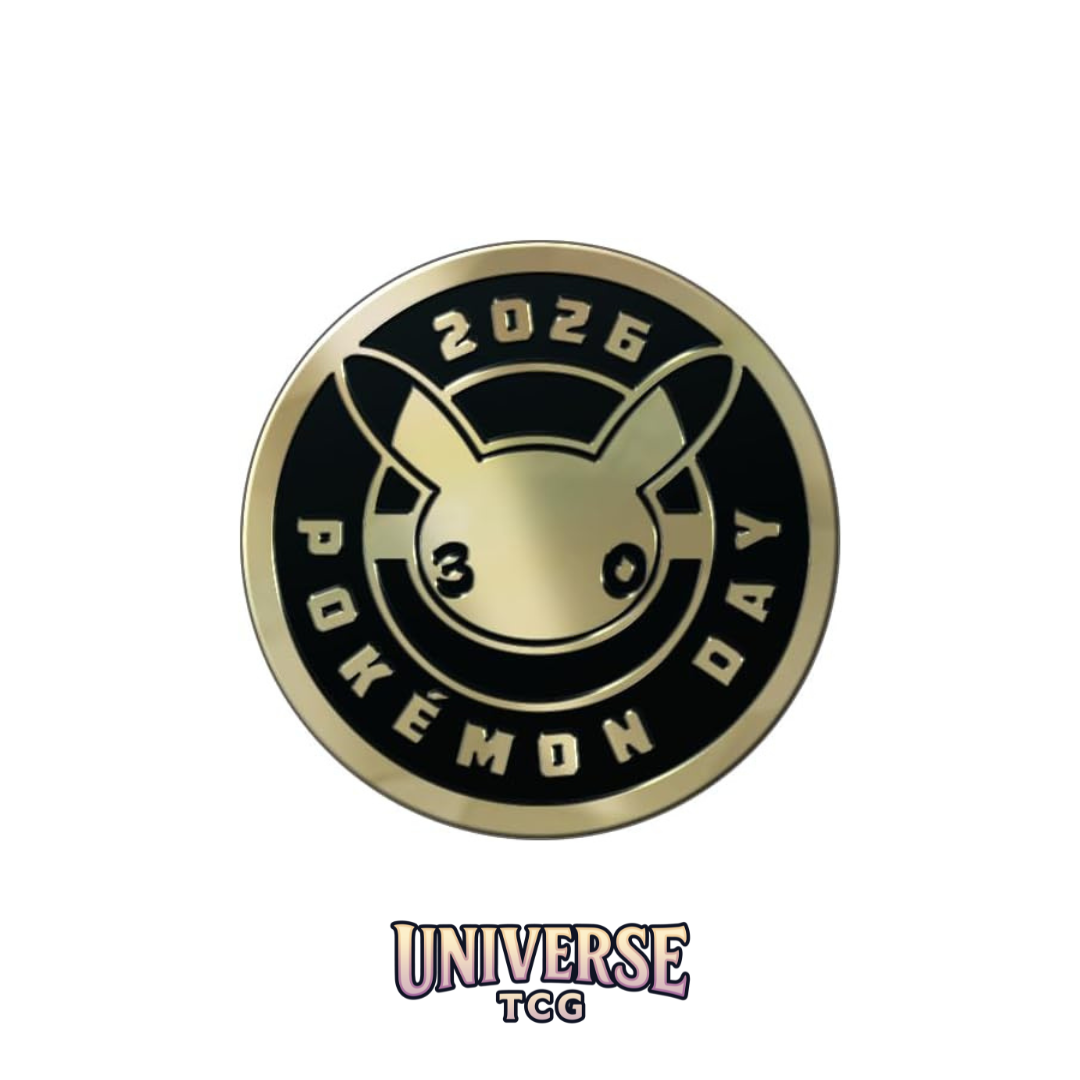 Gold and black round badge with 'Pokémon' logo and text on a white background