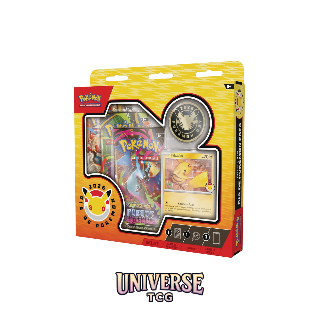 Pokémon trading card game packaging with cards and a badge on a white background
