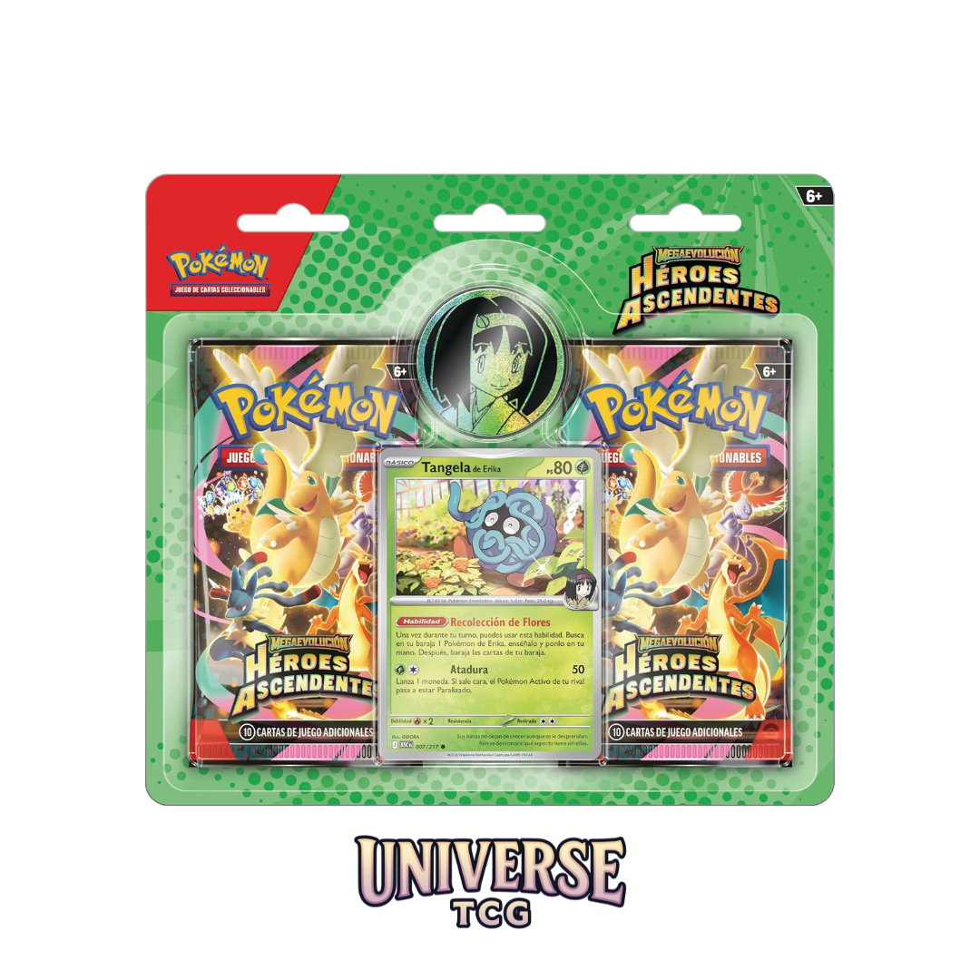 Pokémon trading card game pack with cards and a character card on a green and red background. Heroes Ascendentes front