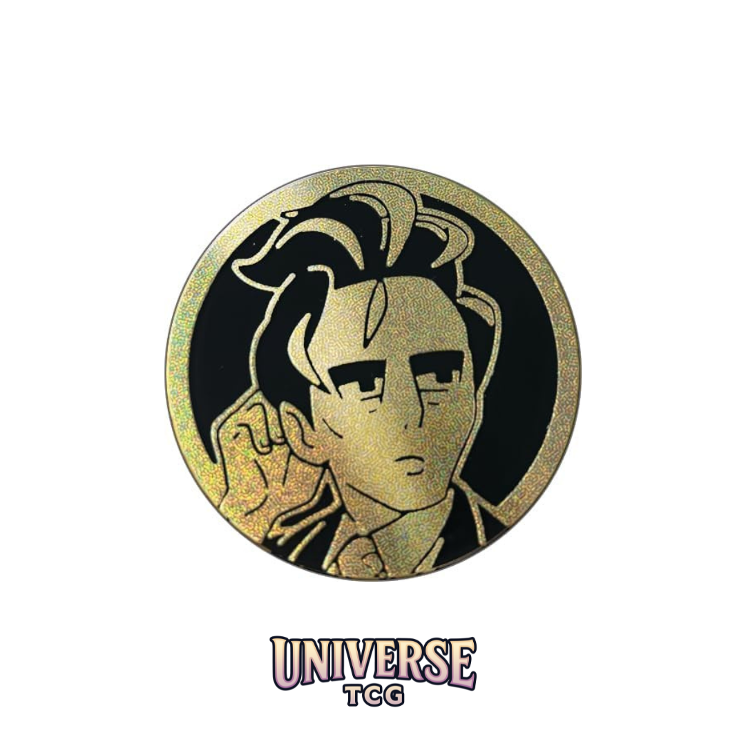 Circular badge with an anime character design and 'UNIVERSE TCG' branding on a white background