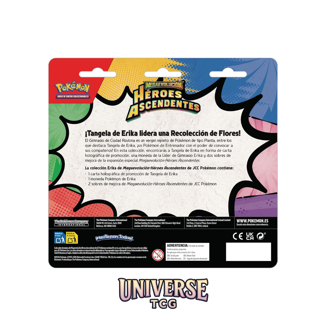 Pokémon trading card game packaging with colorful design and text Back Erika Heroes ascendentes