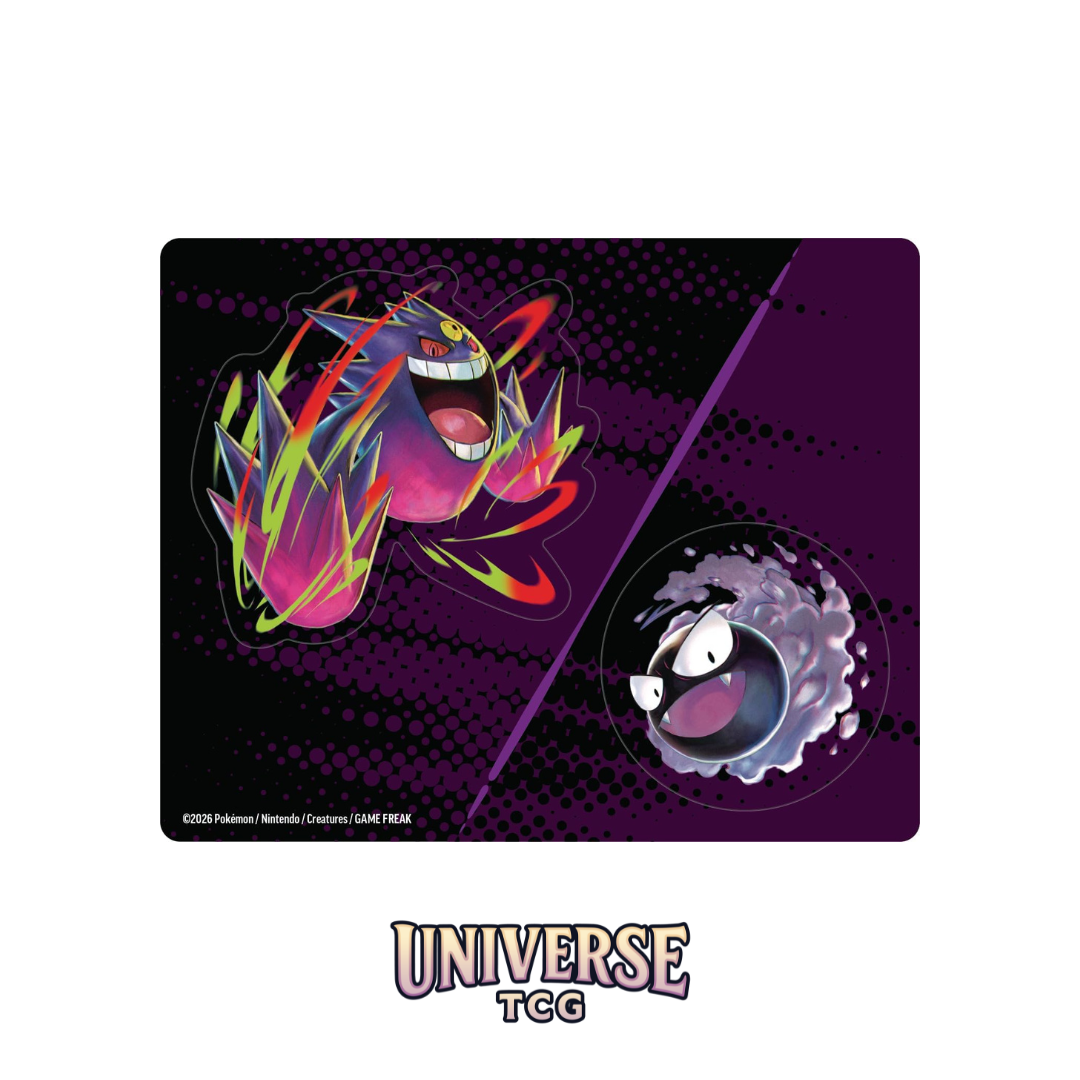 Playmat with colorful character design on a purple background, featuring 'UNIVERSE TCG' branding. stickers pegatinas mega gengar y ghastly mega gengar stickers
