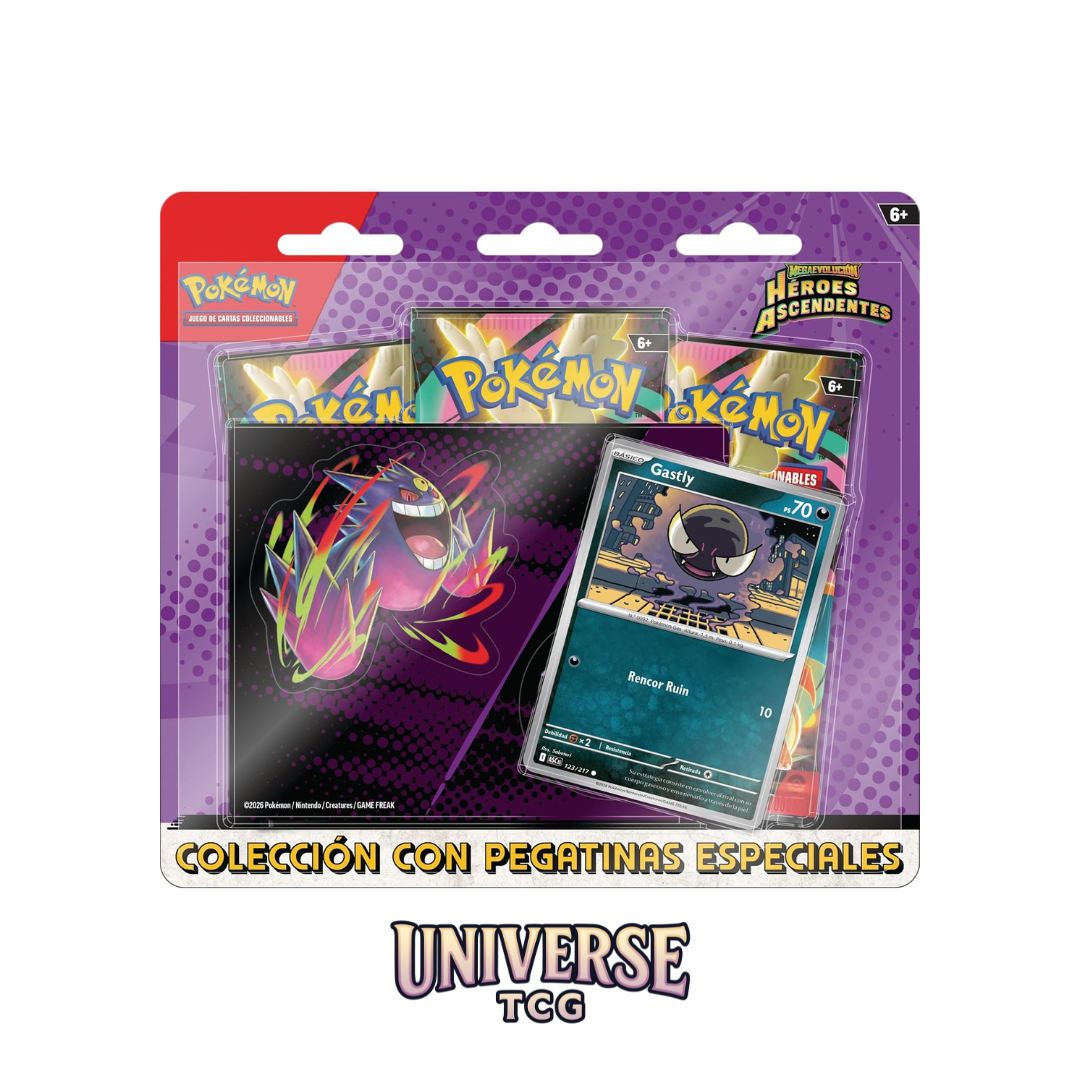 Pokémon trading card game packaging with cards and a poster on a red background Heroes Ascendentes Tech Stickers paquete pegatinas Mega Gengar Ghastly Carta promo card