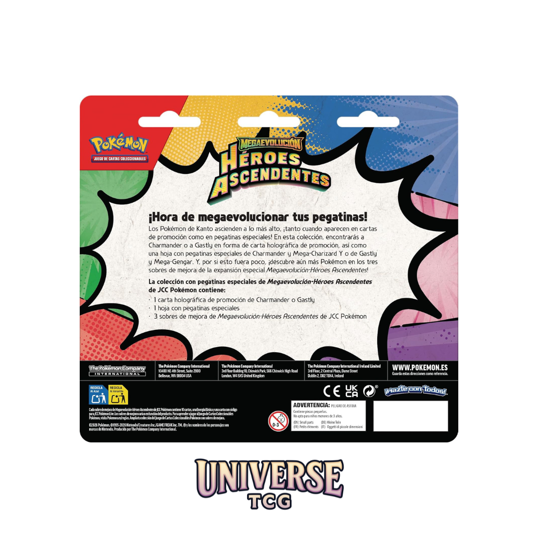 Pokémon Heroes Ascendentes trading card game packaging with colorful design and text. Ascendent Heroes español spanish back parte de atrás Tech Sticker Pegatinas