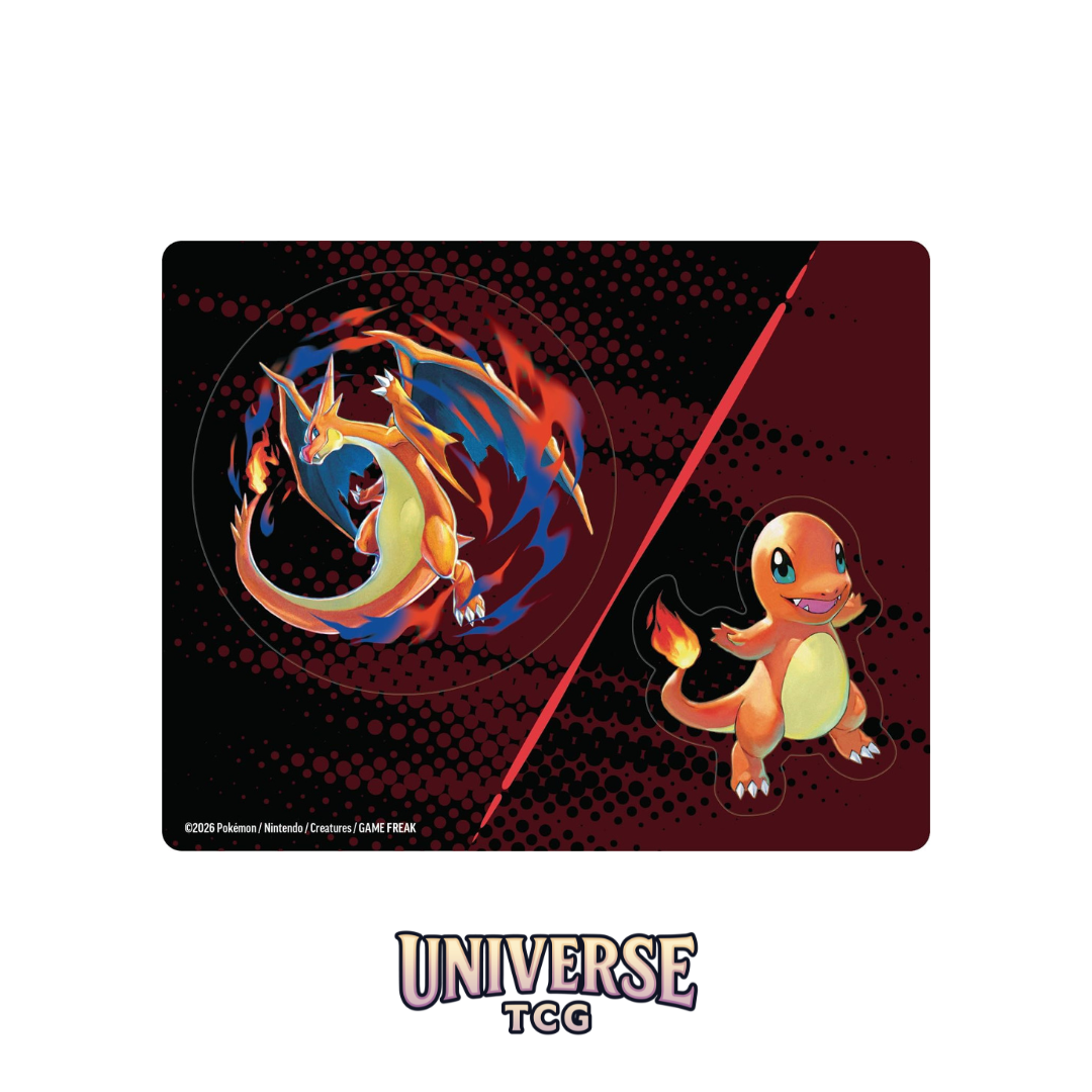 Pokémon-themed mouse pad with Charmander and a dragon-like creature on a black and red background, featuring the Universe TCG logo. Pegatinas Stickers de Mega Charizard Y and y Charmander