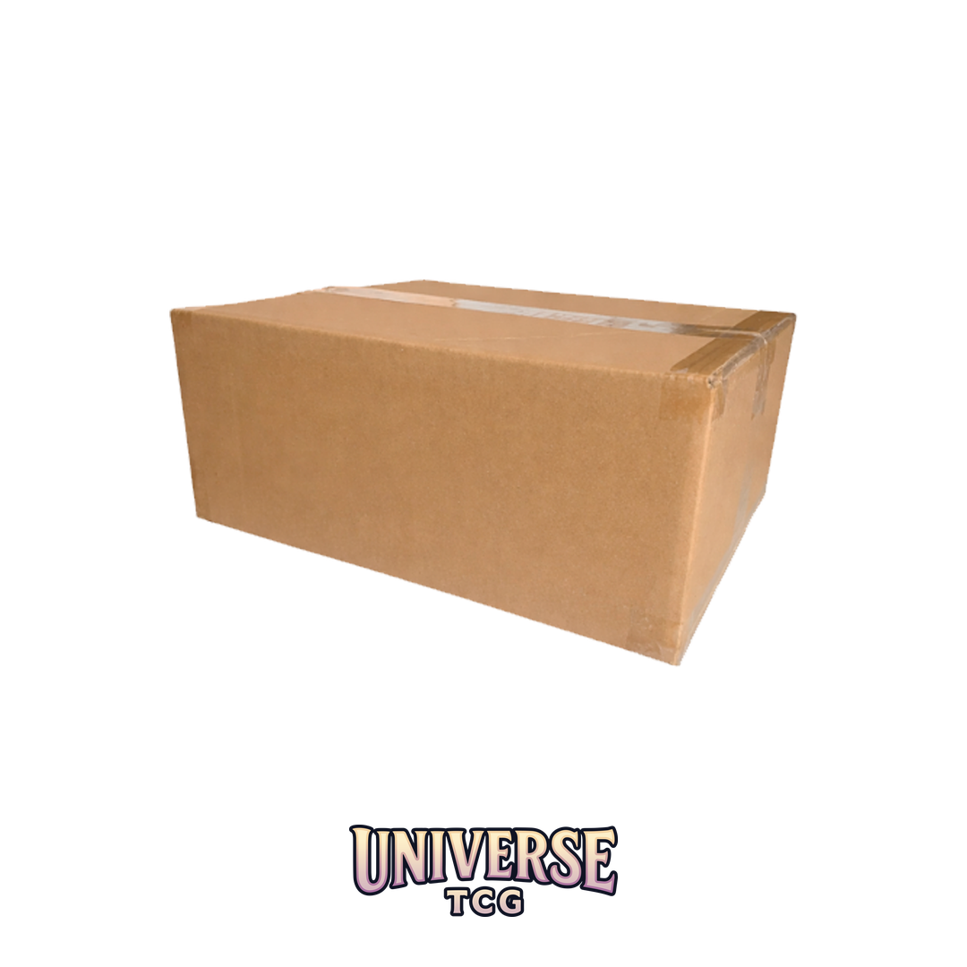 Brown cardboard box on a white background with 'UNIVERSE TCG' branding. Case of products