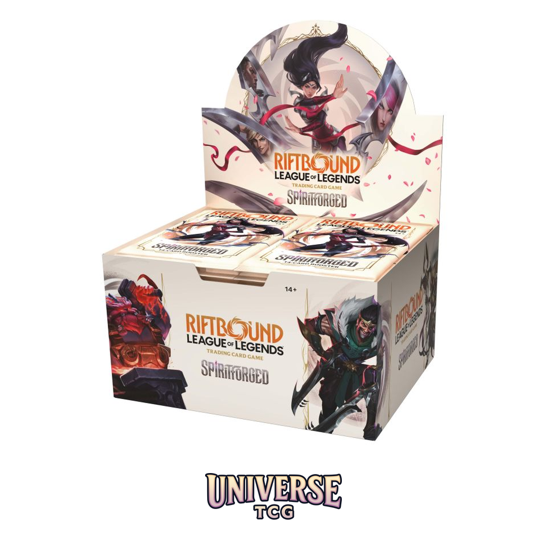 League of Legends Riftbound Spiritforged trading card game box on a white background