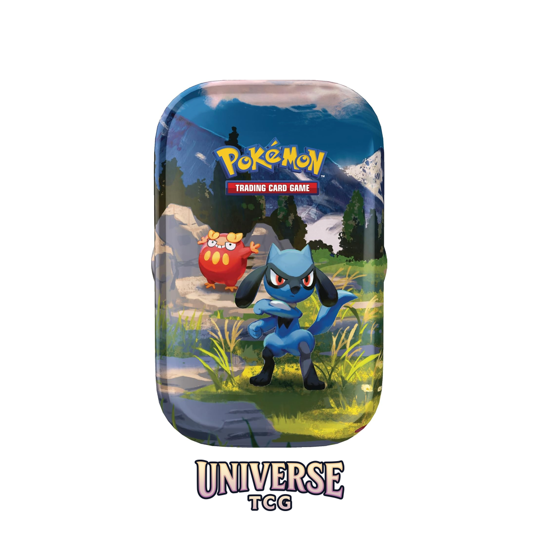 Pokémon trading card game packaging with a blue creature and red creature on a nature-themed background. Mini Tin Ascended Heroes Heroes Ascendentes Min Lata  Riolu Darumaka