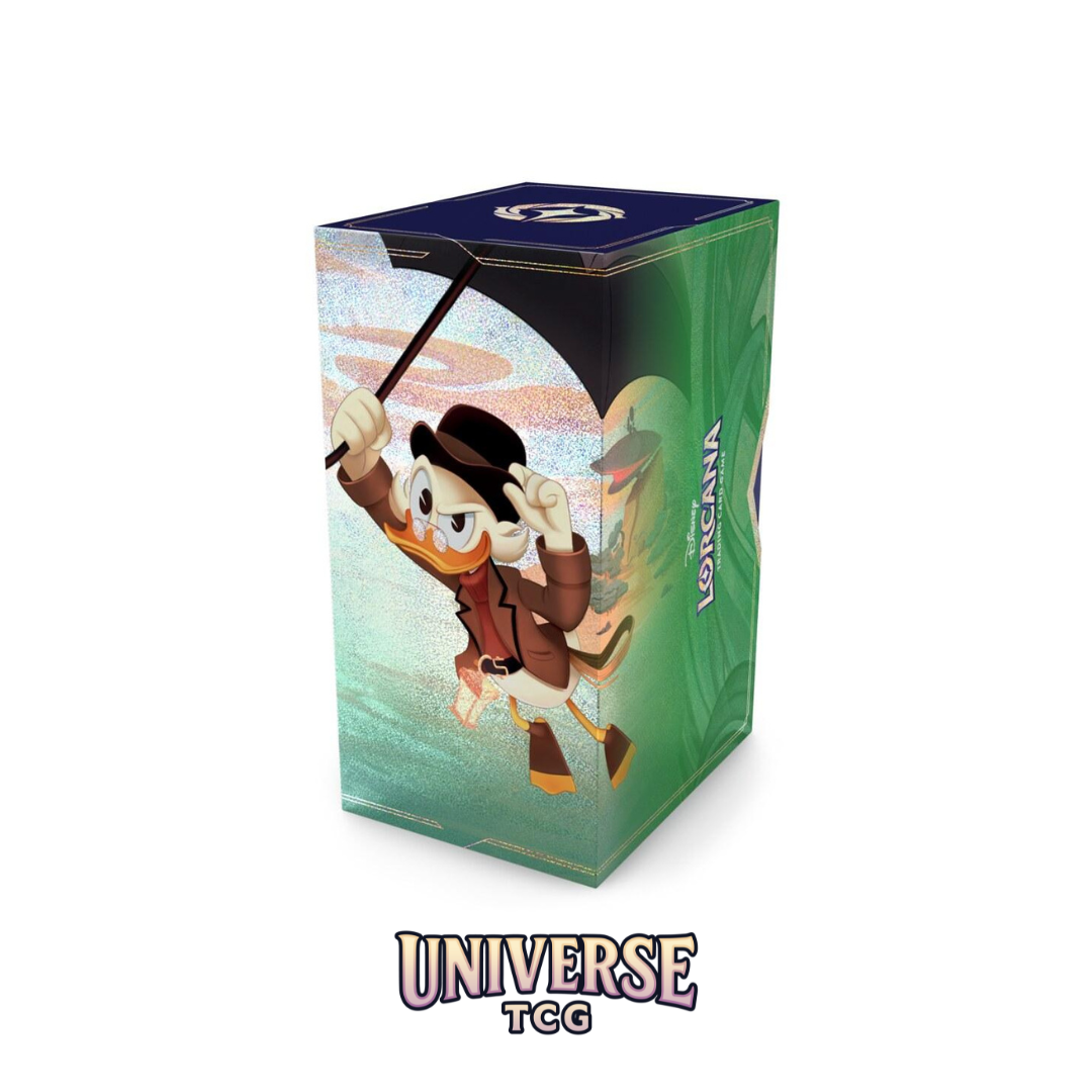 Card game packaging with character illustration and 'Universe TCG' branding scrouge McDuck set Winterspell Lorcana Disney Trading Card Game foiled box fron