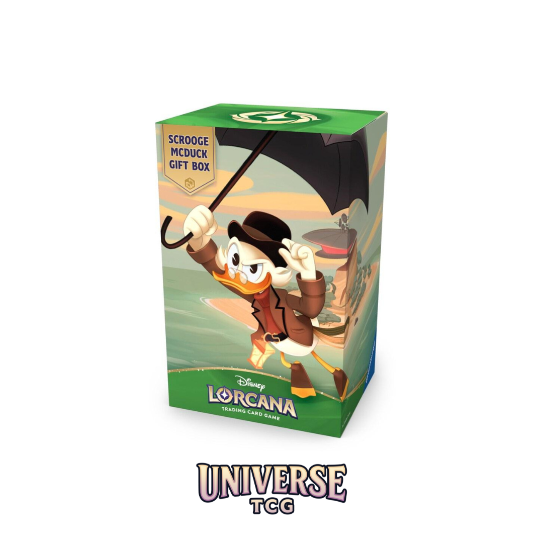 Card game packaging with character illustration and 'Universe TCG' branding scrouge McDuck set Winterspell Lorcana Disney Trading Card Game 3/4 side