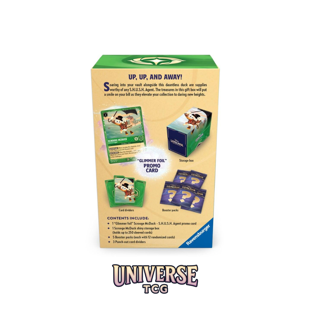 Card game packaging with character illustration and 'Universe TCG' branding scrouge McDuck set Winterspell Lorcana Disney Trading Card Game back
