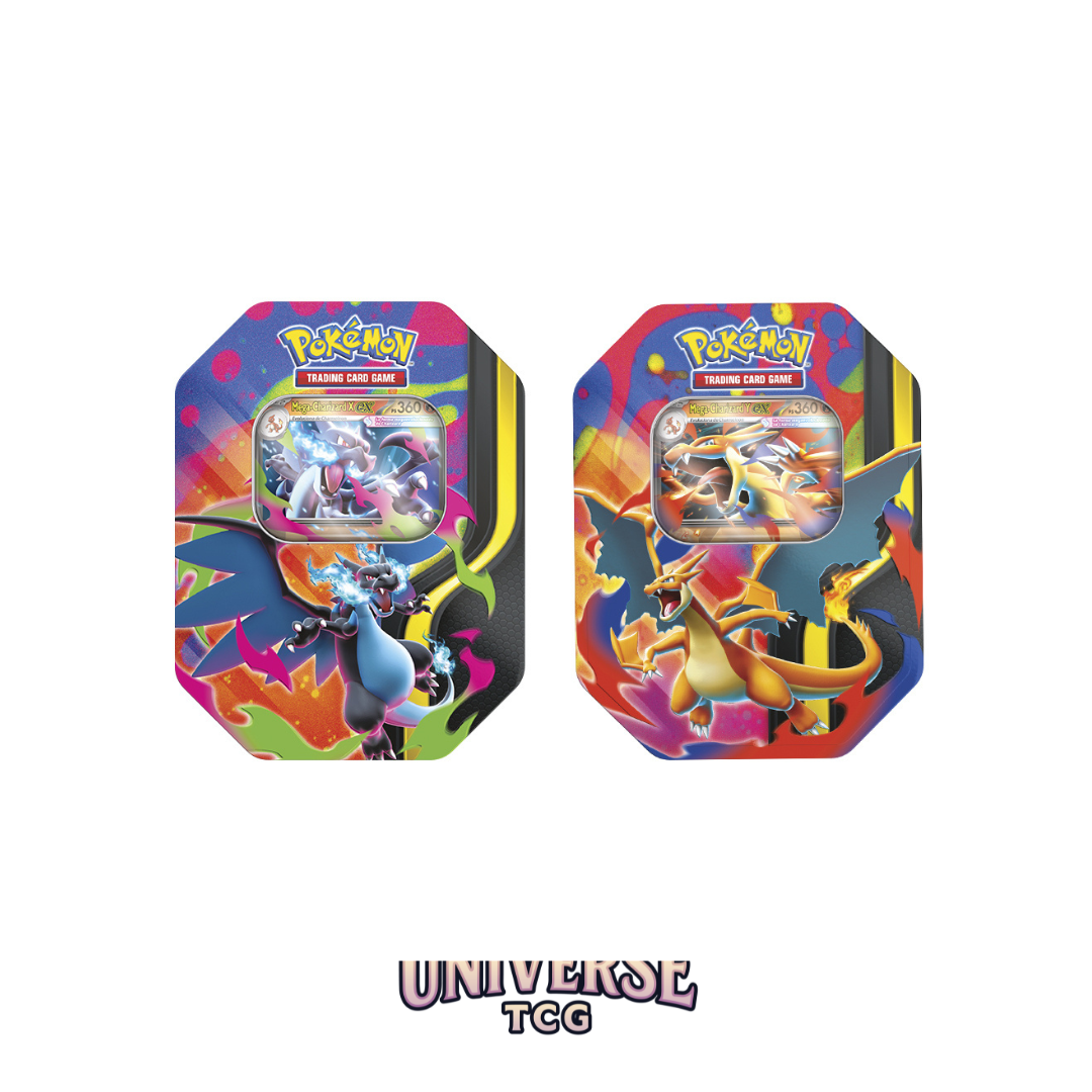 Two colorful Pokemon trading card game tins on a white background Mega Charizard X Mega Charizard Y Tin Spring 2026