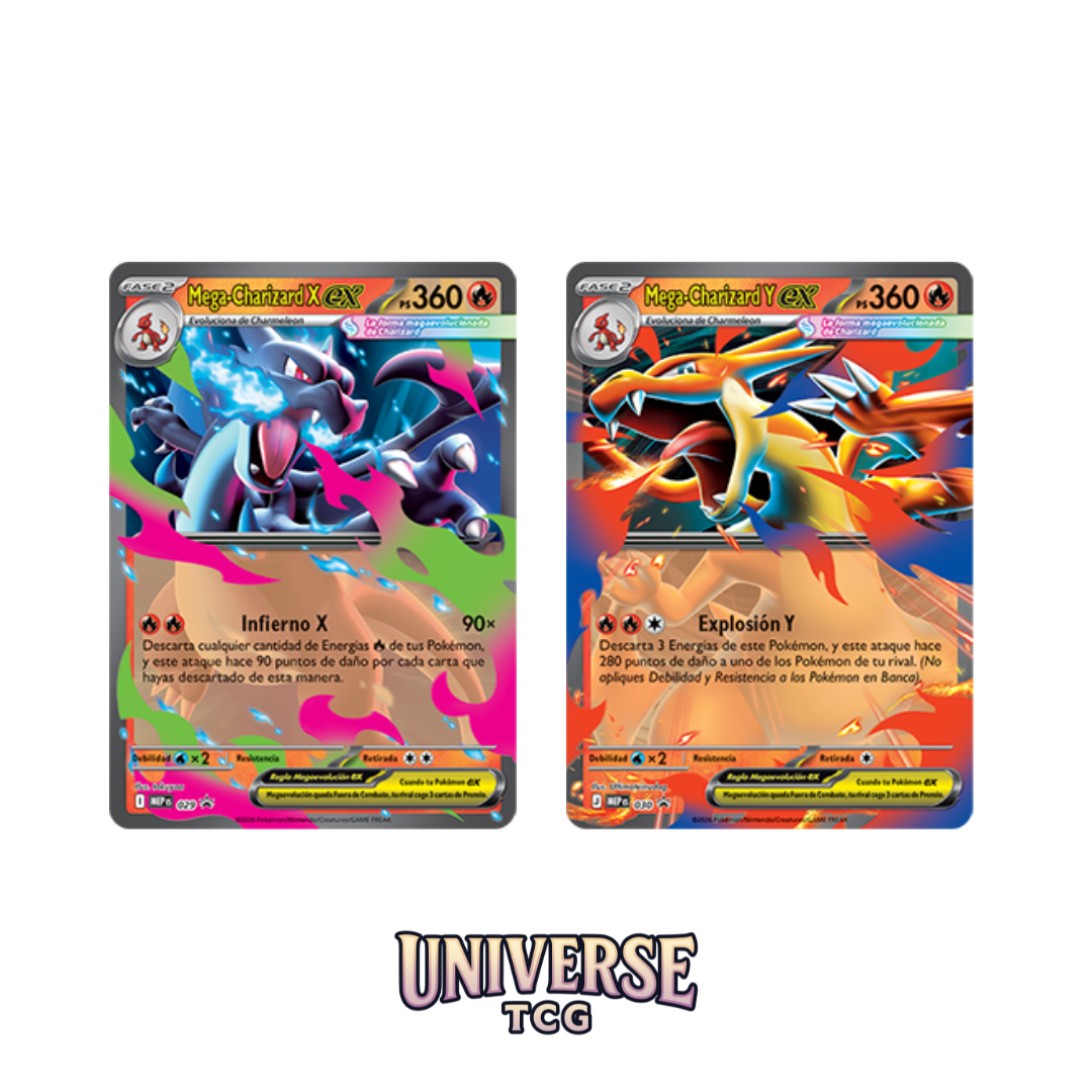 Two colorful trading cards featuring Pokémon characters on a white background with 'Universe TCG' logo. Mega Charizard X Mega Charizard Y Tin Spring 2026