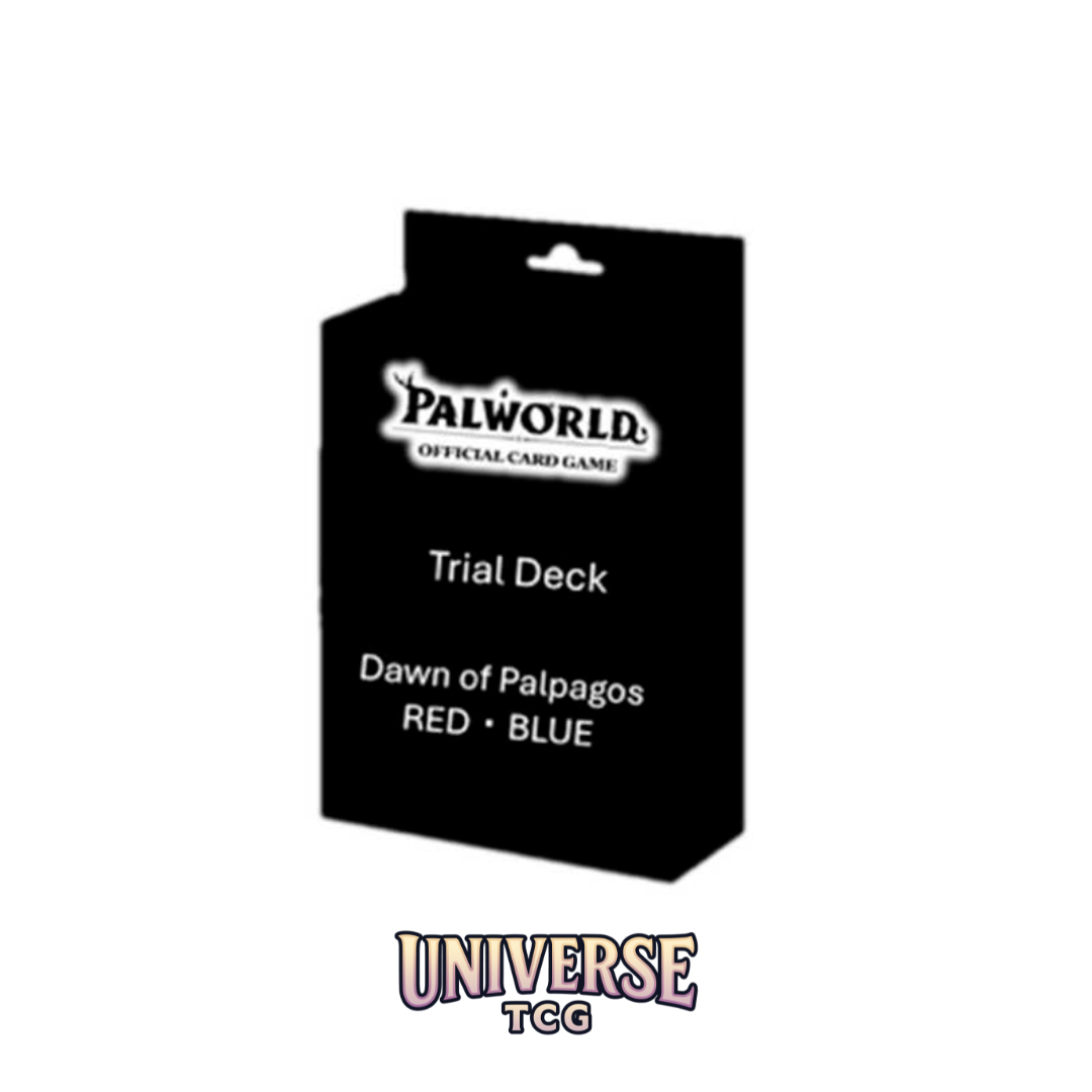 Black card game trial deck packaging with 'Palworld' and 'Universe TCG' logos on a white background. Palpagos Dawn of Red Blue Deck Trial