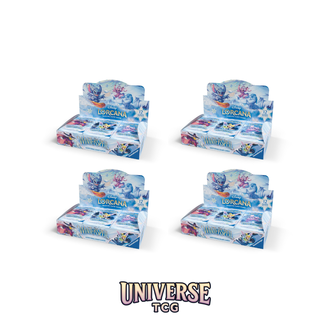 Four boxes of 'Lorcana' trading card game on a white background with 'Universe TCG' branding Winterspell booster box case english