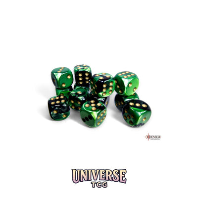 Chessex: Gemini Black-Green/gold 16mm d6 Dice Block (12 dice)