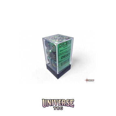 Chessex: Gemini Black-Green/gold 16mm d6 Dice Block (12 dice)
