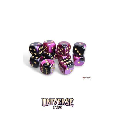 Chessex: Gemini Black-Purple/gold 16mm d6 Dice Block (12 dice)
