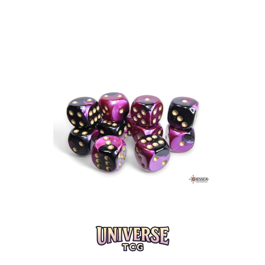 Chessex: Gemini Black-Purple/gold 16mm d6 Dice Block (12 dice)