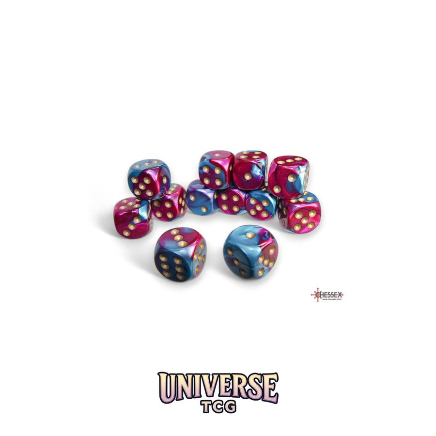 Chessex: Gemini Purple-Teal/gold 16mm d6 Dice Block (12 dice)