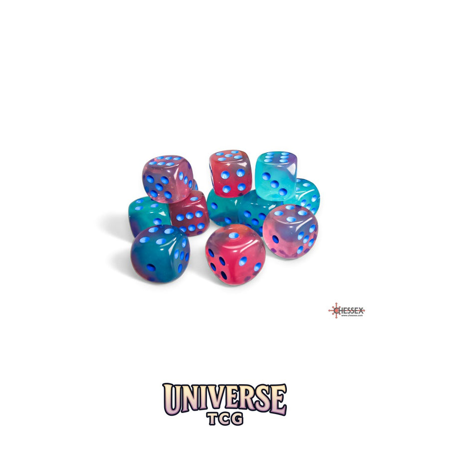 Chessex: Gemini Gel Green-Pink/blue Luminary 16mm d6 Dice Block (12 dice)