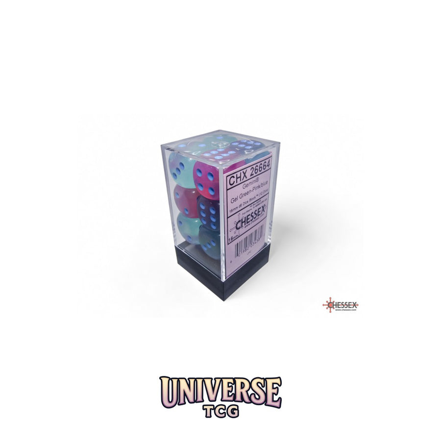 Chessex: Gemini Gel Green-Pink/blue Luminary 16mm d6 Dice Block (12 dice)