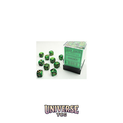 Chessex: Gemini Black-Green/gold 12mm d6 Dice Block (36 dice)