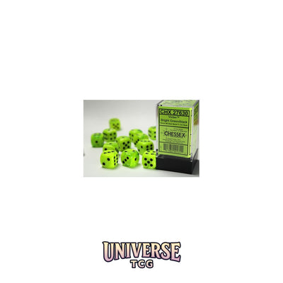 Chessex: Vortex Bright Green/black 16mm d6 Dice Block (12 dice)