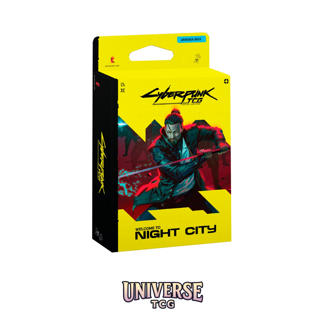 Cyberpunk TCG Starter Deck Display Embracing Power Welcome to Night City English Edition with 6 preconstructed decks featuring Arasaka Corporation strategy