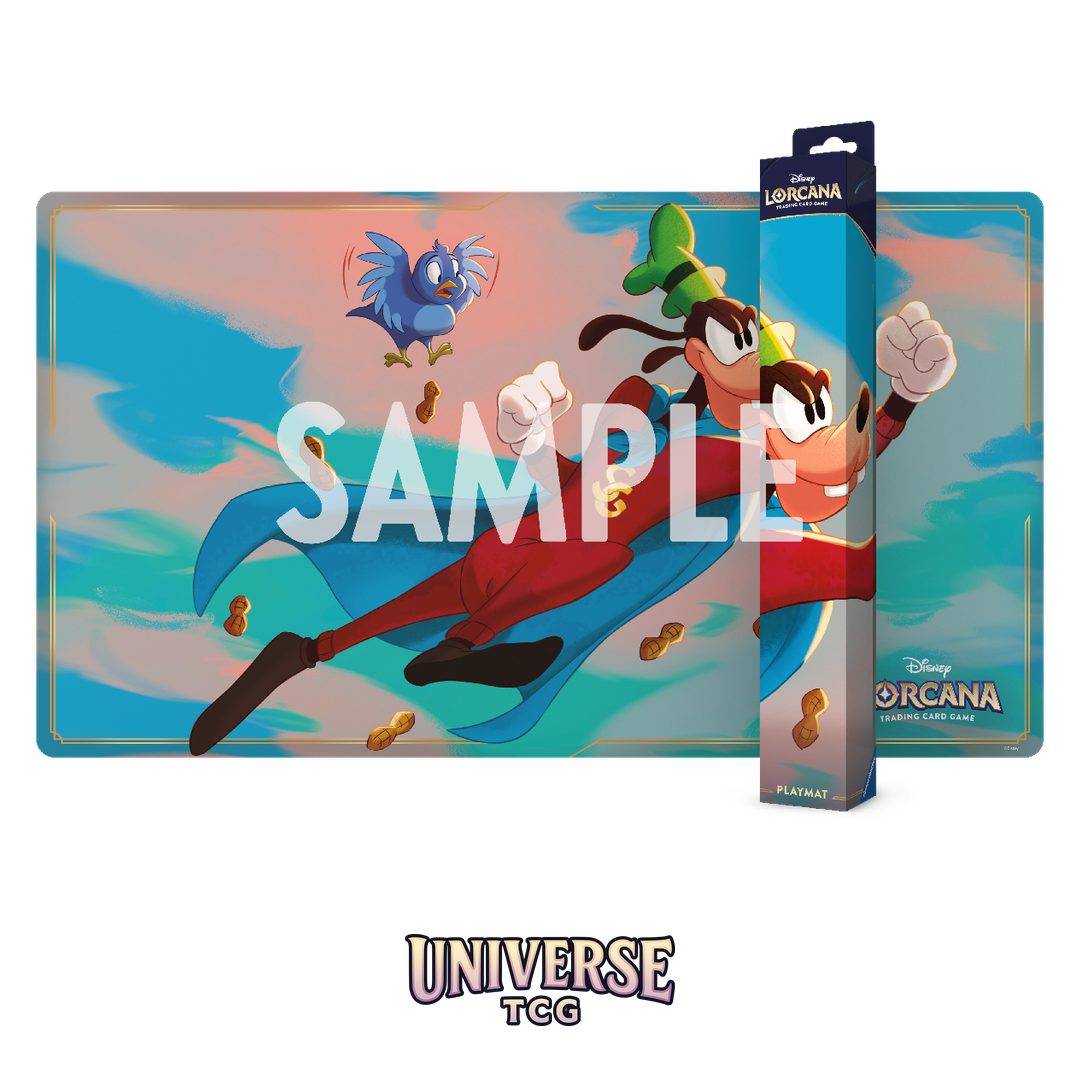 Disney Lorcana Wilds Unknown Goofy Playmat - Official card game play surface with non-slip backing - Box Back