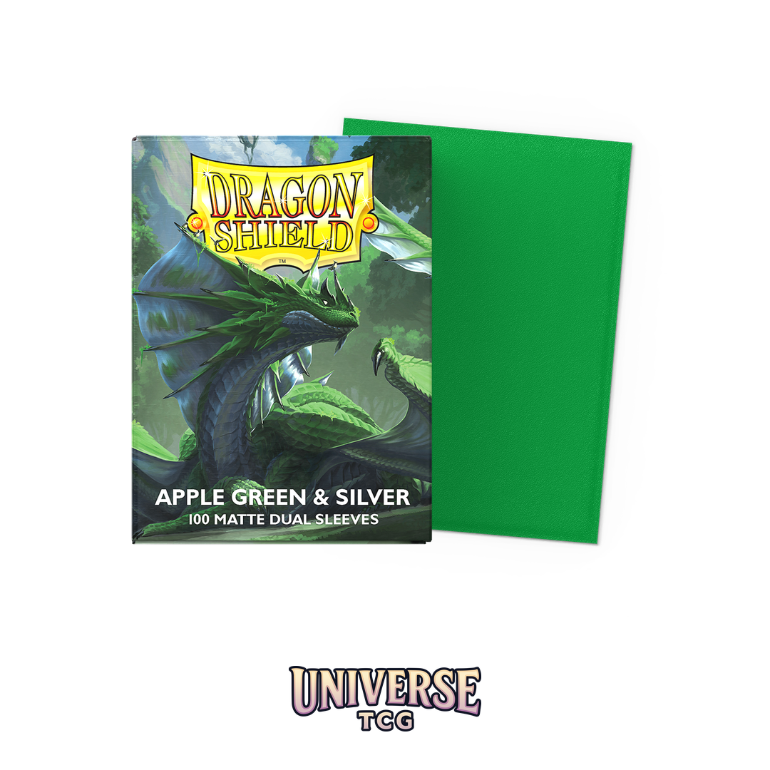 Dragon Shield Apple Green and Silver Matte Dual Sleeves pack with 100 card sleeves featuring bright green exterior and silver interior on white background - Box Front