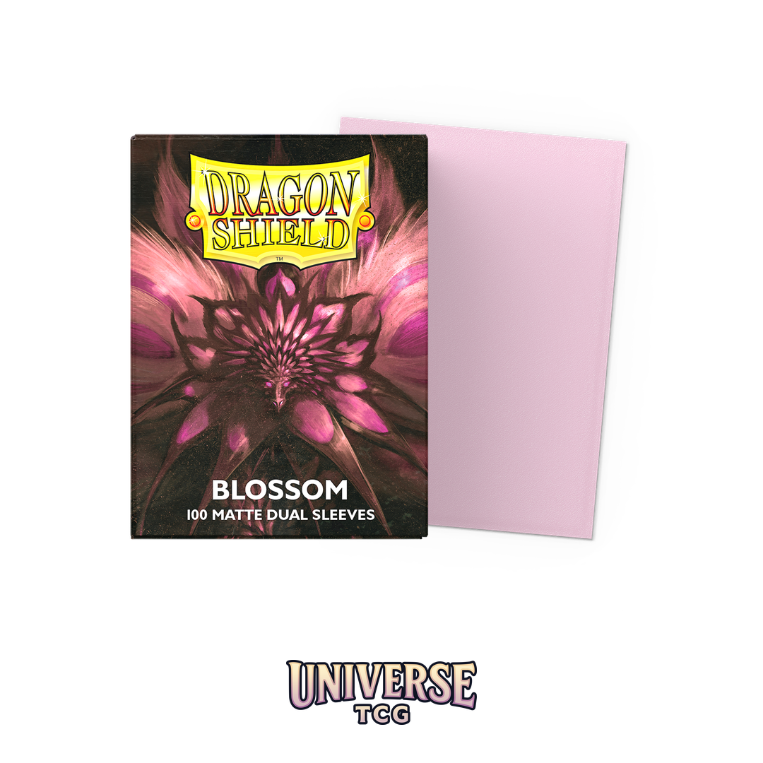 Dragon Shield Blossom Pastel Duals Matte Dual Sleeves pack with 100 card sleeves featuring soft pastel pink exterior and colored interior on white background - Box Front