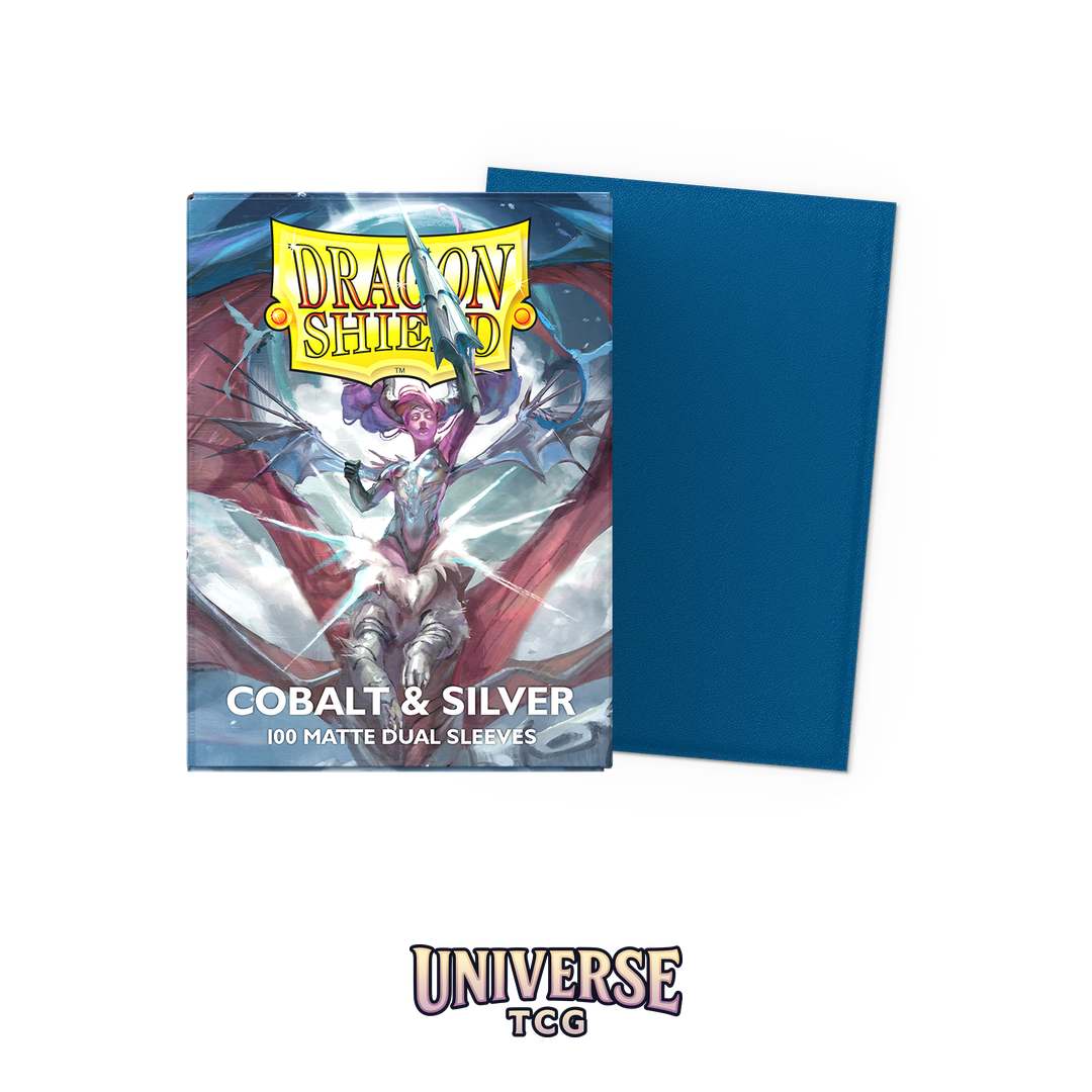 Dragon Shield Cobalt and Silver Matte Dual Sleeves pack with 100 card sleeves featuring cobalt blue exterior and silver interior on white background - Box Front