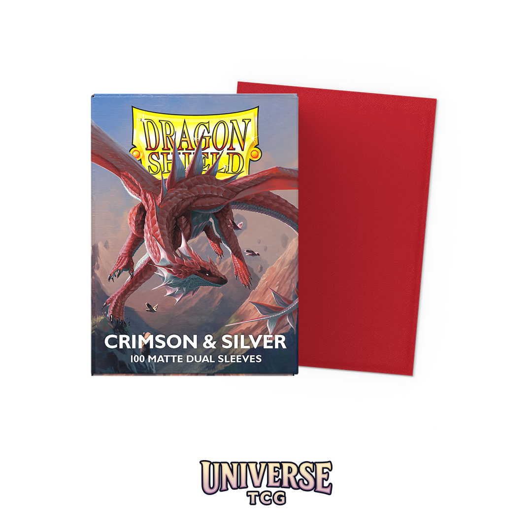 Dragon Shield Crimson and Silver Matte Dual Sleeves pack with 100 card sleeves featuring deep red exterior and silver interior on white background - Box Front